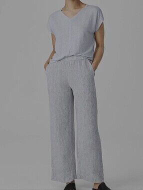 💥Eileen Fisher Striped Organic Linen Crinkle Wide-Leg Pants